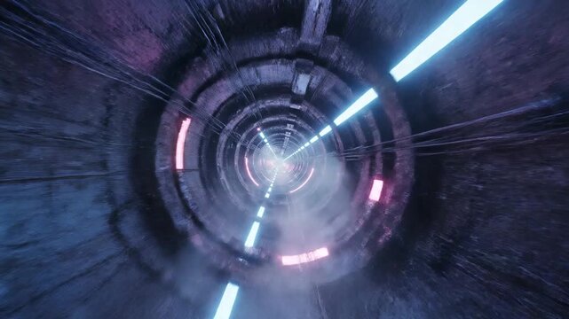 Moving through a dark, industrial tunnel with glowing neon blue and pink lights, sci-fi and futuristic atmosphere