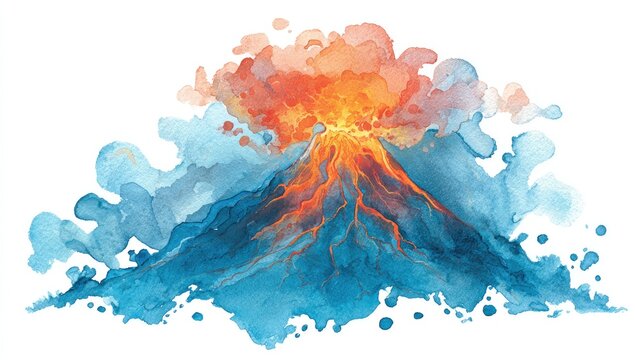 Watercolor erupting volcano with fiery summit and blue smoky clouds