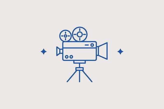 Retro cinema movie camera line icon for historical film archives. Nostalgic vector illustration for Hollywood history blogs, festivals, or documentarians.