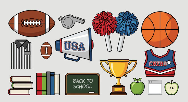 Vibrant collection of American school and sports vector icons, featuring academic supplies, athletic equipment, and scholastic achievement symbols for education