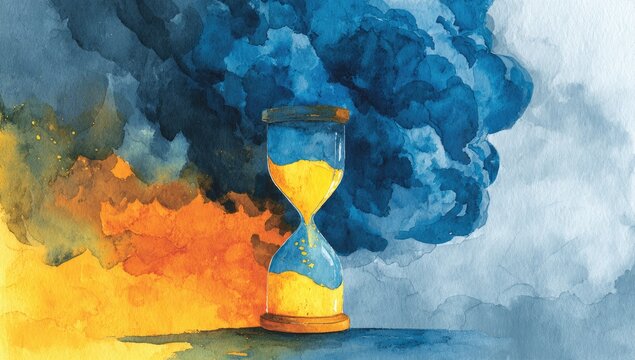 Hourglass with sand colored blue and yellow, against smoky background