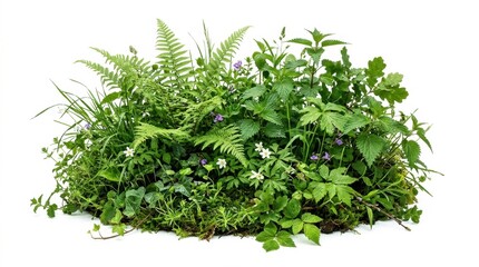 Obraz premium Lush green forest floor plants with ferns and moss, wild garden vegetation isolated on white, organic woodland flora for landscape design