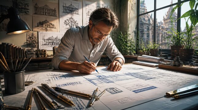 A dedicated mid career architect intensely sketching detailed blue line schematics on a drafting table within a sunlight filled studio, creating complex architectural plans for future structures.