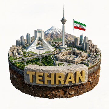 Iran, Tehran miniature Isometric diorama. Azadi Tower, Milad Spire, Tabiat Bridge, Mount Damavand, Persian Palace, national flag. Urban landscape concept, cultural heritage, skyline tourism travel