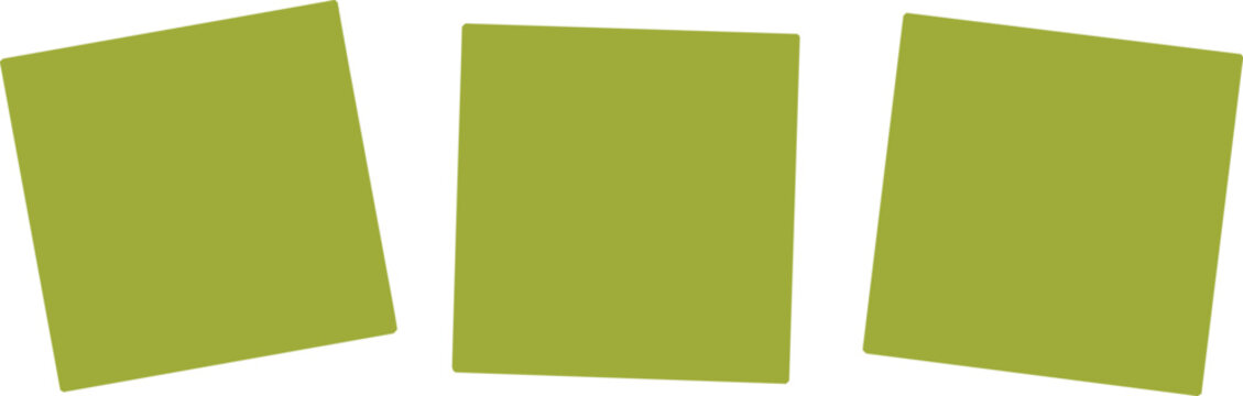 Three olive green square sticky notes with slight tilt angles isolated on white background, creative design element for office reminders