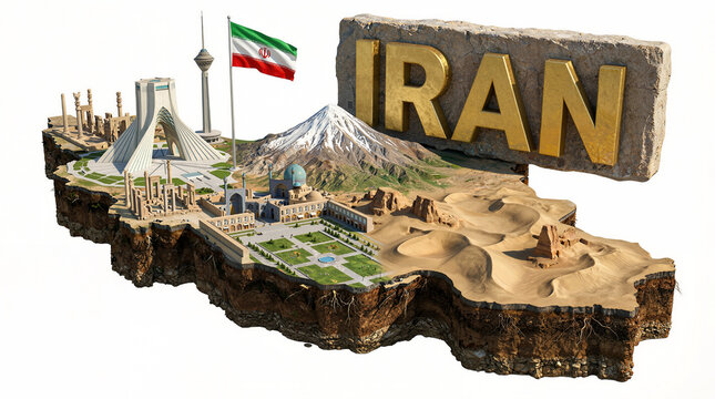 Iran Isometric diorama. Azadi monument, Milad Tower, Persepolis, Naghshe Jahan Square, Mount Damavand, desert dunes. Persian culture, geography, tourism, ancient miniature earth map sculpted model