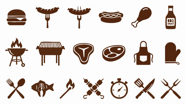 Barbecue and grilling food and equipment silhouette icons set
