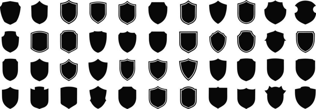 Shield shapes icons, protection heraldry emblems, security badges for corporate identity, safe defense elements, blank coat of arms templates