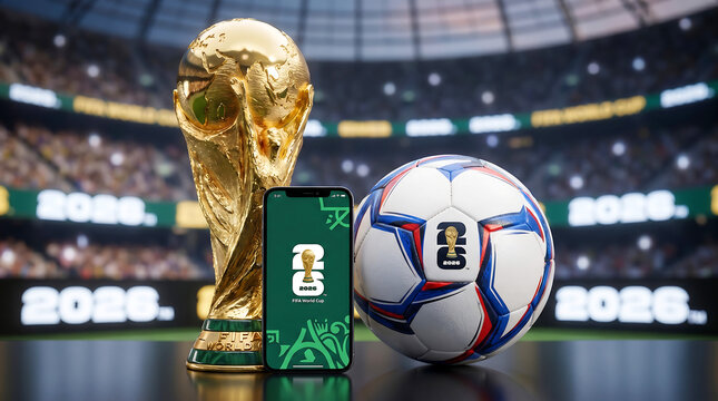 Fifa world cup 2026 trophy soccer ball and smartphone mockup in stadium