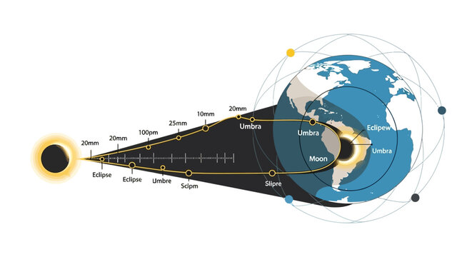 Detailed infographic map showcasing the trajectory of a solar eclipse's shadow over Earth, depicting the celestial alignment of Sun, Moon, and planet with an orbital view