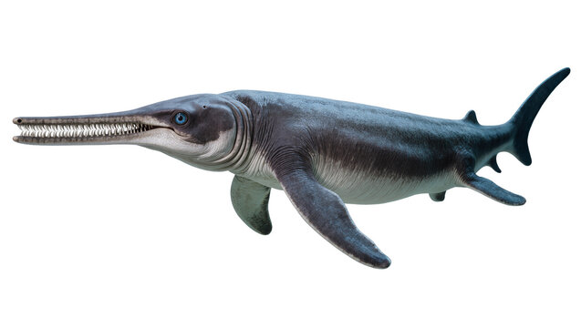 Prehistoric Ichthyosaur marine reptile with long snout and sharp teeth, isolated on transparent background