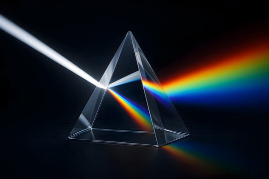 Glass prism dispersion effect, transparent crystal pyramid refracting white light beam into a colorful rainbow, physics concept illustration.