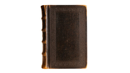 Antique leather bound book with embossed cover, isolated on transparent background