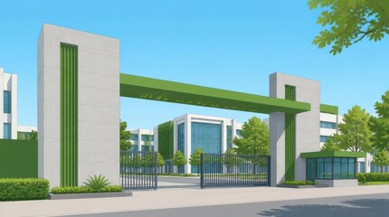 Obraz premium Modernist concrete pillars anchor the primary entrance gate of a corporate campus, featuring geometric architecture, expansive green spaces, and a clean professional atmosphere for modern business.
