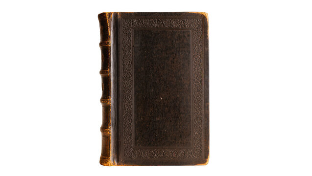 Antique leather bound book with embossed cover, isolated on transparent background