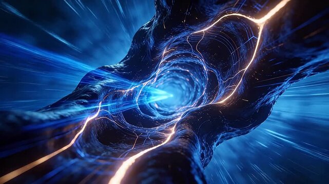 Abstract blue energy vortex with orange glowing lines and dark twisted structures