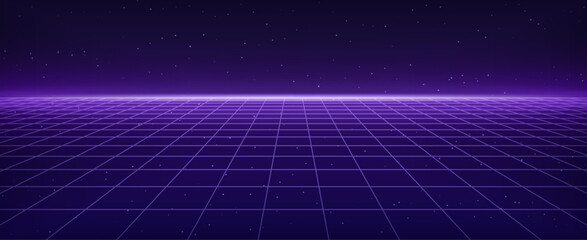 Purple glowing neon wireframe background. Futuristic perspective grid. Cyberpunk game or video space. Virtual reality. Cyberspace and metaverse. Retro futurism style. Vector illustration © accogliente