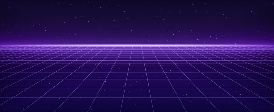 Purple glowing neon wireframe background. Futuristic perspective grid. Cyberpunk game or video space. Virtual reality. Cyberspace and metaverse. Retro futurism style. Vector illustration