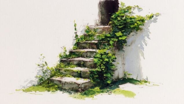 Ancient stone steps overtaken by lush green foliage, bathed in soft light