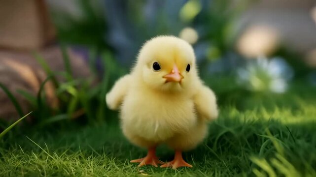 Static shot of adorable fluffy yellow newborn baby chick standing on green grass, Easter spring concept