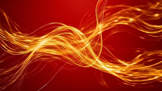 Golden glowing lines flowing and intertwining on dark red background