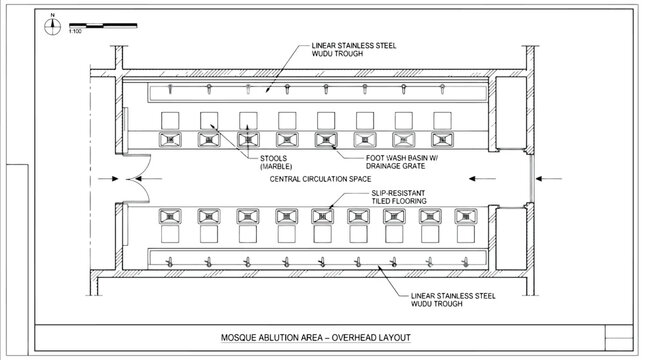 Overhead Architectural Plan of a Mosque Ablution Area with Wudu Troughs and Stools wudu area overhead layout