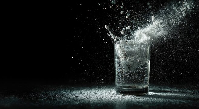 Liquid exploding from a glass, showering surroundings with droplets and powder