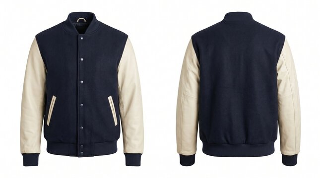 Navy and Cream Quilted Jacket with Stand Collar and Long Sleeves on White Background