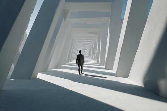 Lost and confused man walks puzzled on a penrose triangle. Perplexed person looks disoriented ahead, don't know wich way to choose. Surreal and conceptual scene, mental maze