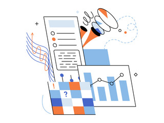 Data charts and document reports vector illustration. Market research, financial planning, digital analytics, strategic management, information processing, corporate growth. Statistical infographics © Dmytro
