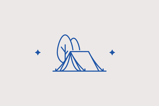 Camping tent near forest trees line icon for outdoor summer recreation. Peaceful vector illustration for scouting programs, ecotourism guides, or park maps.