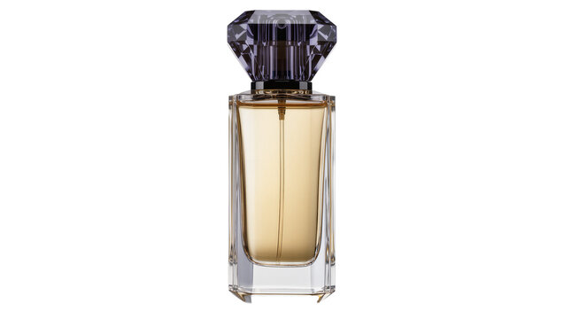 Rectangular glass perfume bottle with faceted dark crystal cap, isolated on transparent background