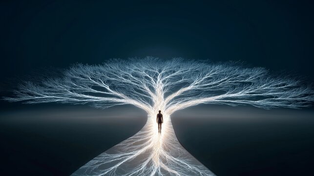 Panoramic visualization of AI decision making, branching glowing pathway tree stretching across dark frame, human figure standing at first fork, choice concept