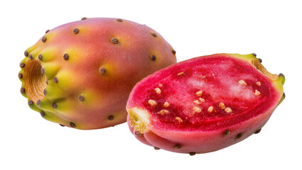 Prickly pear cactus fruit one whole and one halved, isolated on transparent background © Johnson