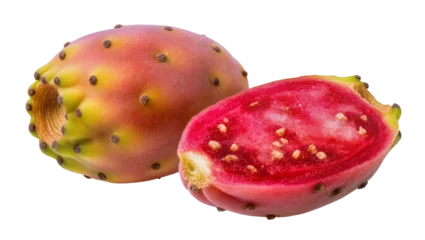 Fotobehang Cactus Prickly pear cactus fruit one whole and one halved, isolated on transparent background  © Johnson