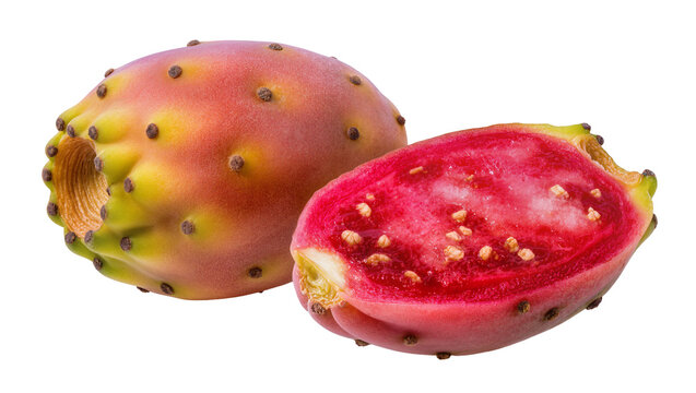 Prickly pear cactus fruit one whole and one halved, isolated on transparent background