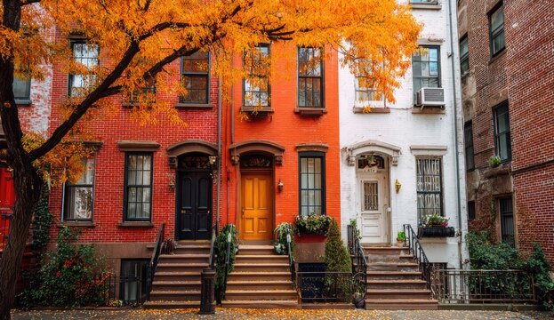 Colorful townhouses with autumn leaves create a vibrant, cozy streetscape
