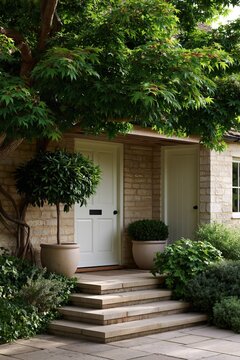 Stone cottage entrance with white door, potted plants and layered steps for home entrance background and garden design