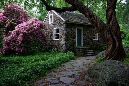 Small stone cottage beside blooming rhododendron and twisted oak with flagstone path for spring garden wallpaper and exterior design