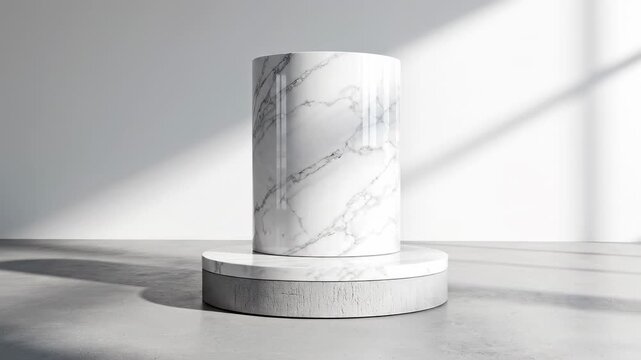 Cylindrical marble pedestal with concrete base, displaying a white surface with grey veining, set against a light grey wall with window shadow.