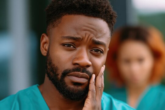 Concerned male dental professional in scrubs holding jaw beside assistant for dental team poster and clinic staff background
