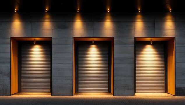 Three illuminated, closed roller doors on a modern concrete building