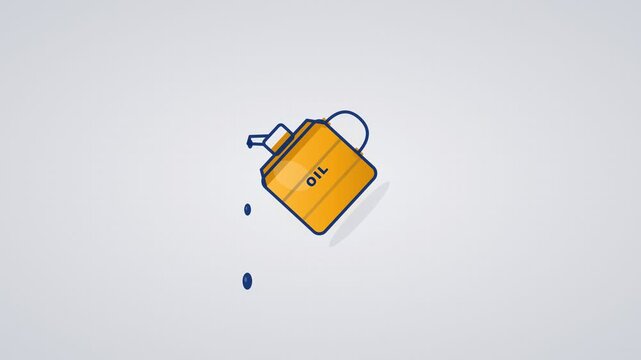 Flat style motion graphics animation of a yellow oil jerrycan tilting to pour liquid, transforming into a red warning color with an exclamation triangle hazard icon.