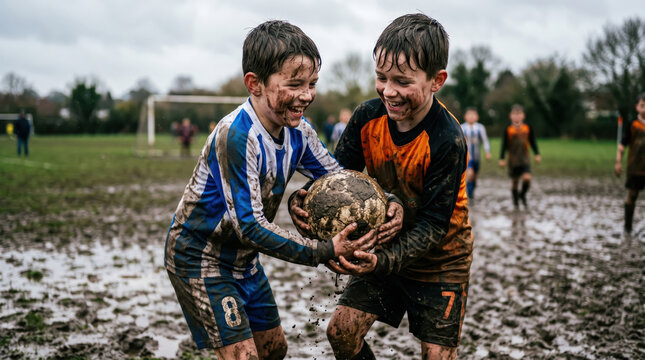 Happy boys playing soccer match on muddy grass field
