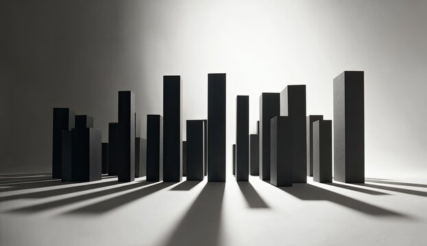 Minimalist cityscape of dark, rectangular prisms casting long shadows