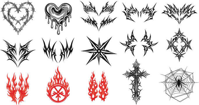 Cyber Sigilism and Y2K Streetwear Graphic Vector Set Featuring Barbed Wire Heart Dripping Chrome Metallic Shapes Tribal Tattoos Fire Flames and Gothic Cross Elements