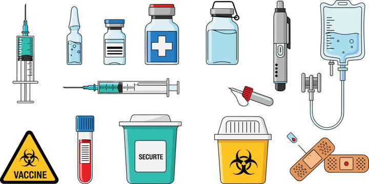 Medical Vaccination and Inoculation Equipment Icon Set Featuring Syringes Medicine Vials IV Drip Biohazard Waste Bins Blood Test Tubes and Bandages