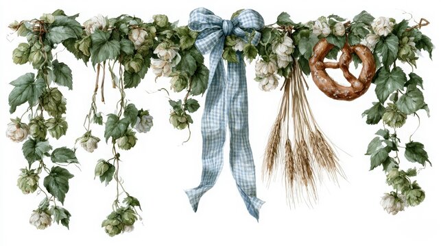 Oktoberfest Garland Border with Hops, Blue Ribbon, Wheat, and Pretzel Watercolor Clipart