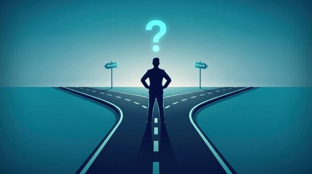  Crossroads of Decision: A solitary figure stands at a diverging road, a luminous question mark above, symbolizing the profound moment of choice and the uncertainty of the path ahead.