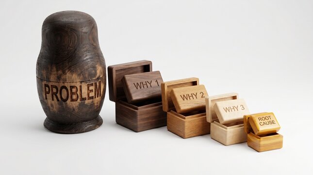 5 Whys root cause analysis technique concept with nested wooden boxes and a Matryoshka doll labeled problem.
16:9